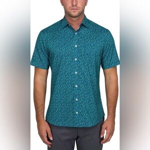 NICK GRAHAM Men's teal blue with floral motif casual button down shirt size L
